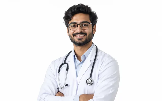 A smiling doctor in a white coat with a stethoscope
