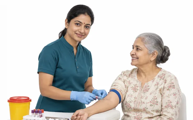 A phlebotomist drawing blood from an older woman’s arm