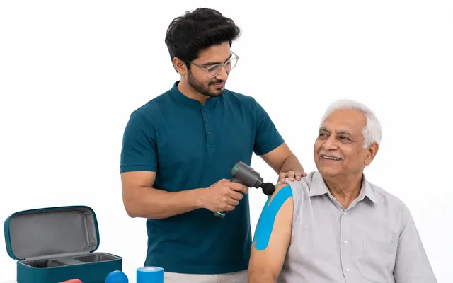 A physiotherapist treating an older man’s taped shoulder